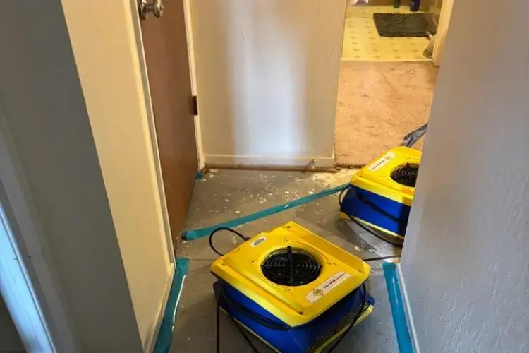 Air movers set in a hallway with the baseboards removed in Hayward