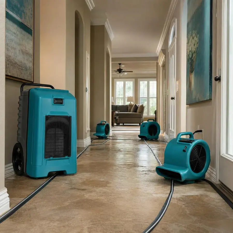 Dehumidifier and air movers drying a hallway floor after water damage in a Hayward home