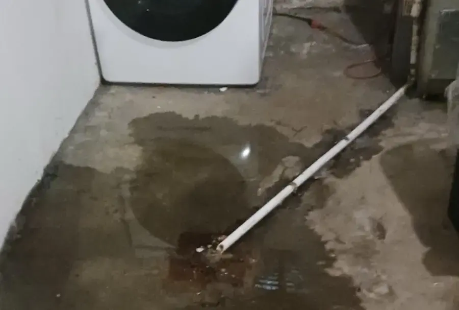 Water pooled on a laundry room floor from a failed washer supply line in Hayward