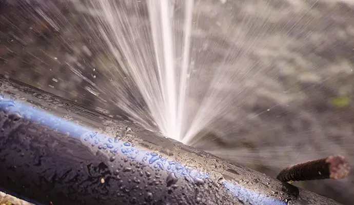 Water spraying from a split supply pipe in a Hayward home
