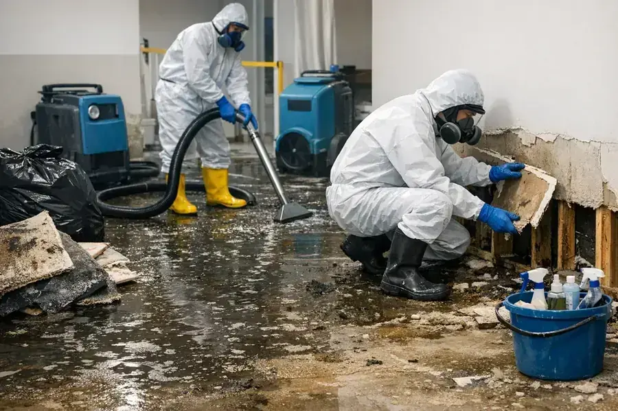 Techs in protective suits extracting a sewage backup and cutting out wet drywall in Hayward