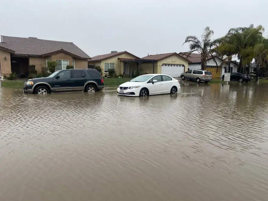 Winter storm floodwater filling a residential street, the kind of runoff Hayward sees in a wet winter
